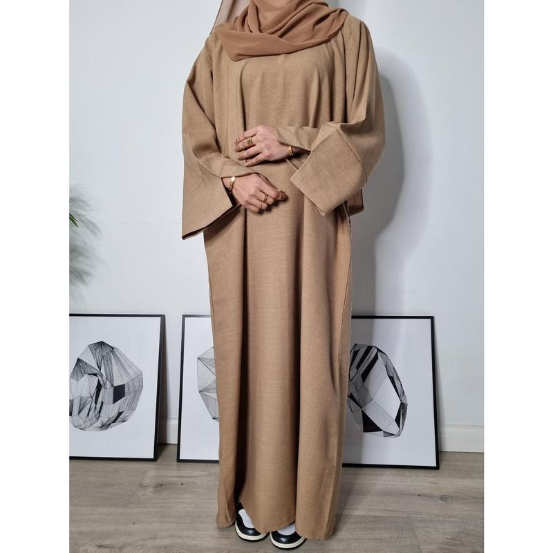 Premium Linen Pocket Abaya with Scarf - Black, Beige, Green, Camel and Grey, Olive abayas 3