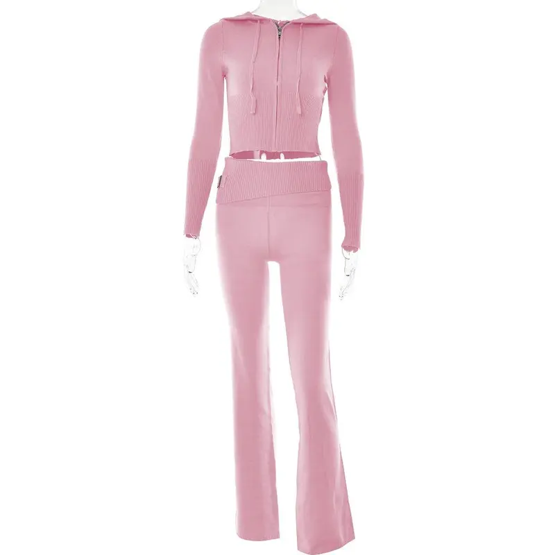 [mistboy] UK 2025 new knitted hooded women's fashion high-waisted two-piece set Womenswear Overalls Suits Underwear Comfort Long Sleeve Lady Basic Minimalist Short Longsleeves Clothes Gamis 7