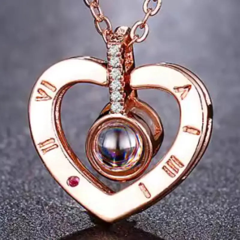 Necklace 100 Languages projection “I Love You”Pendant Necklaces For those you love - ideal for gifting - Rose Gold Heart 7