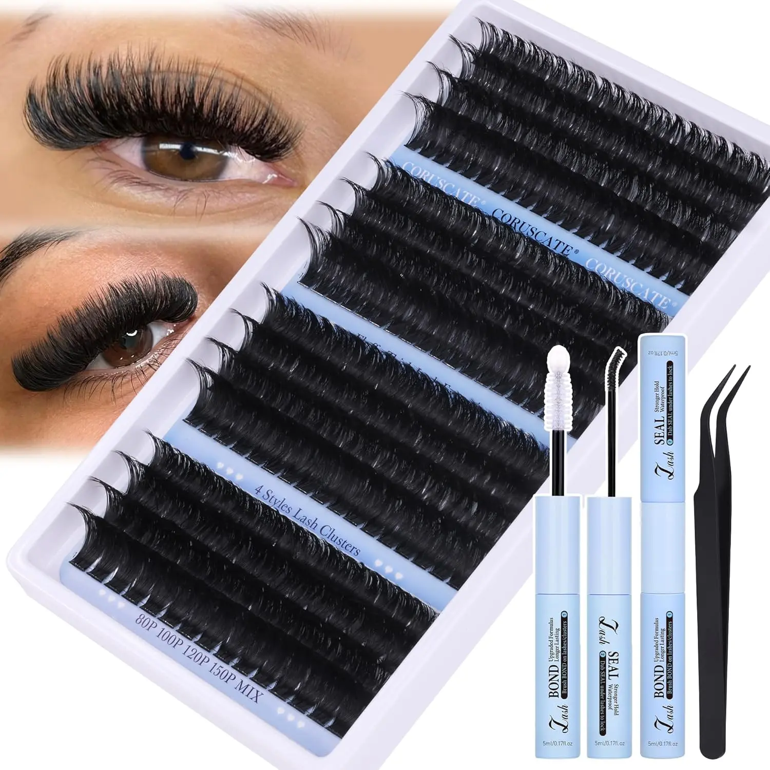Cluster Lashes Kit Long 14-20mm Individual Eyelashes Kit 80D-150D Volume Eyelash Clusters Thick Tatti Lashes Russian Strip D Curl DIY Lash Kit with Lash Bond and Seal Lash Tweezers