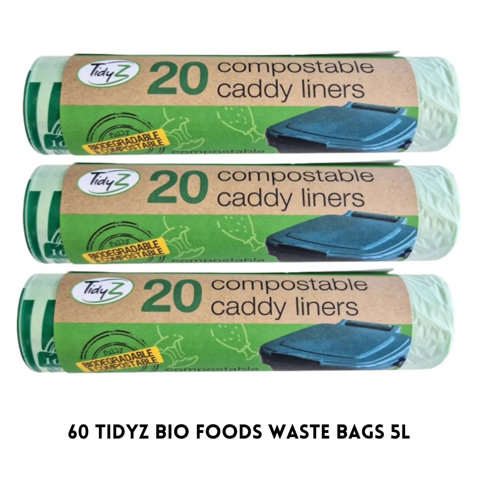 60 Tidyz Biodegradable Green Compostable Caddy Liners Foods 5L Waste Bags, Recycling Green Small Garbage Trash Bags