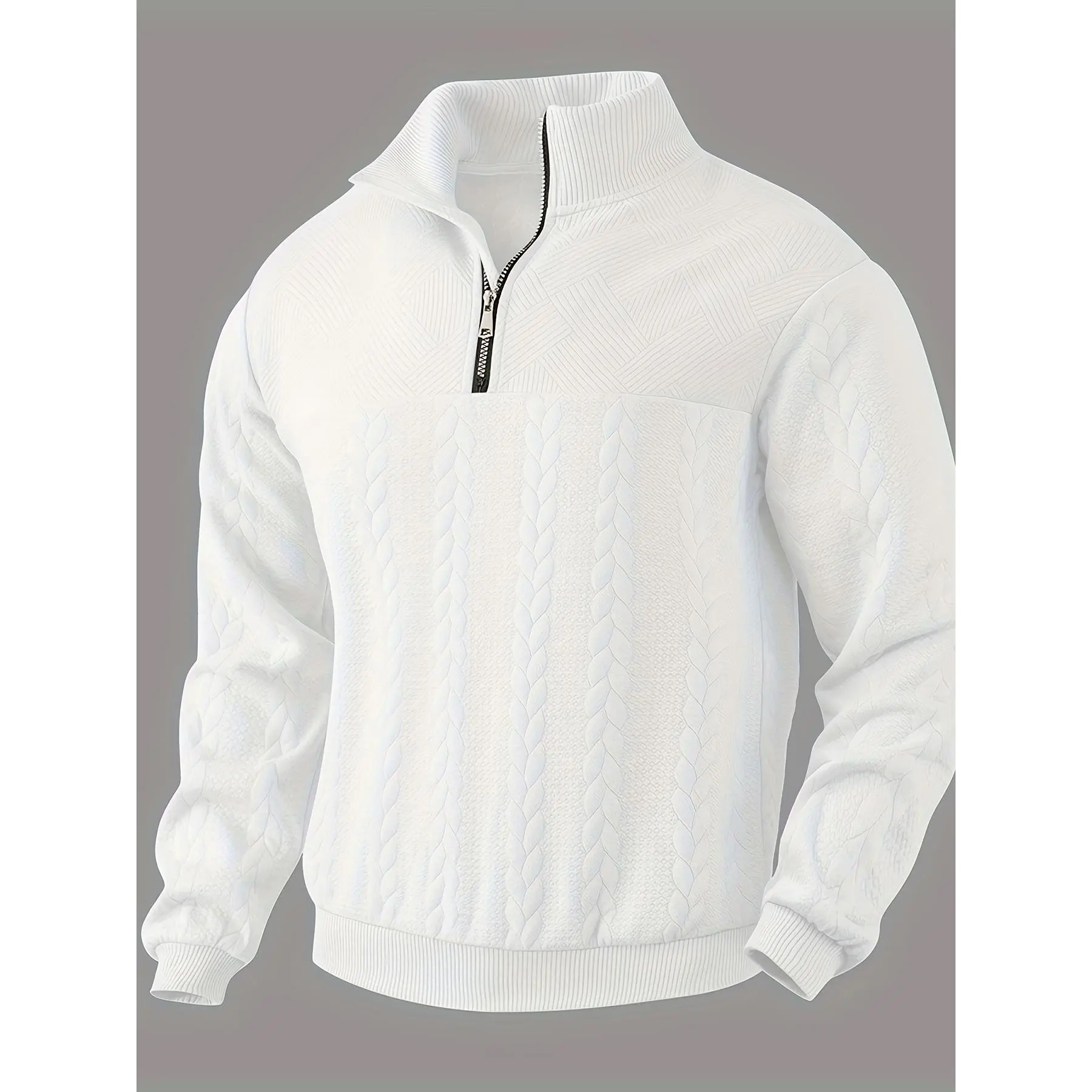 Men's Vintage-Inspired Knit Pullover Sweatshirt - Casual Stand Collar, Long Sleeve with Zip Detail, Polyester Blend