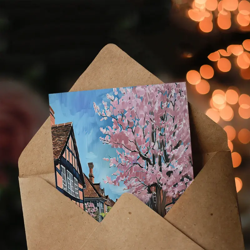 Cherry Blossom Lymm Village Cheshire Painting Birthday Art Card 2