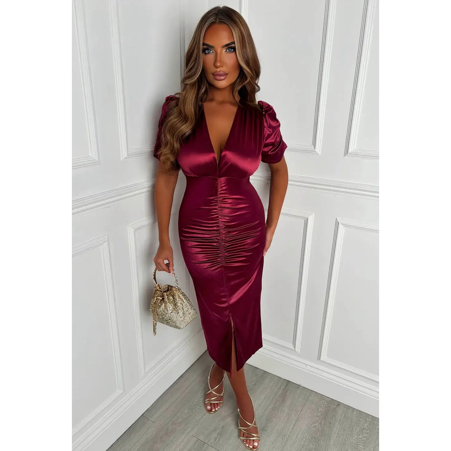 Love Lux Red Ruched Midi Dress