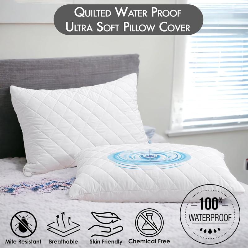 Pack of 4 Zipped Pillow Protector Waterproof Quilted Pillow, White Zippered Bed Pillow Covers Set Quilted Pillowcase, Luxury 100% Microfiber Pillows Encasement Extra Soft, Ant-Allergy & Breathable Comfortable for Bed Protectors Pillow Case (50 x 75 cm) 1