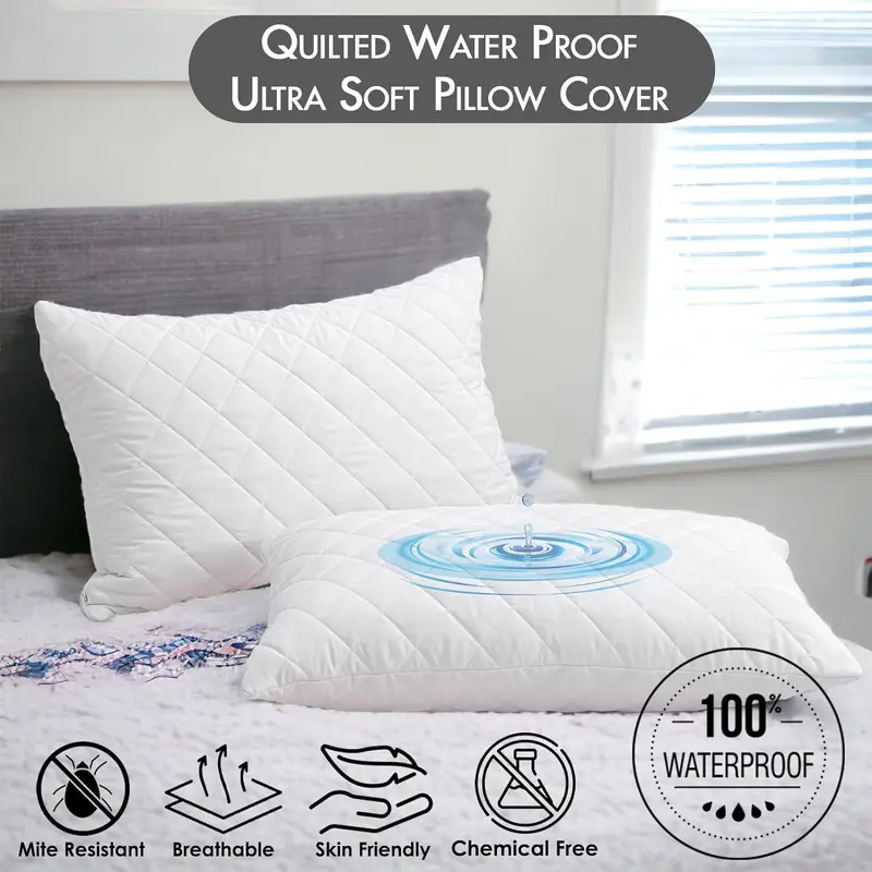Pack of 4 Zipped Pillow Protector Waterproof Quilted Pillow, White Zippered Bed Pillow Covers Set Quilted Pillowcase, Luxury 100% Microfiber Pillows Encasement Extra Soft, Ant-Allergy & Breathable Comfortable for Bed Protectors Pillow Case (50 x 75 cm) 1