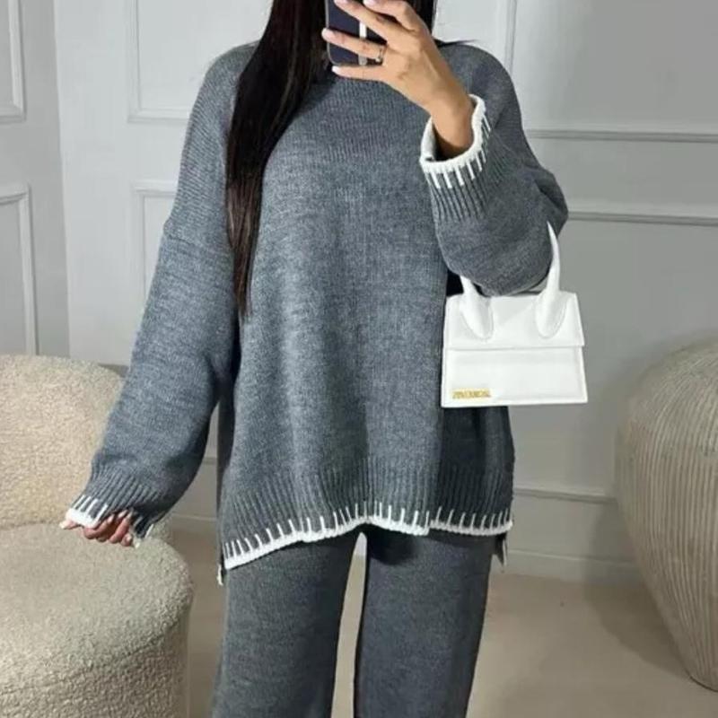 Women Knitted Stiched Wide Leg Co-ord Suit Loungewear Set 3