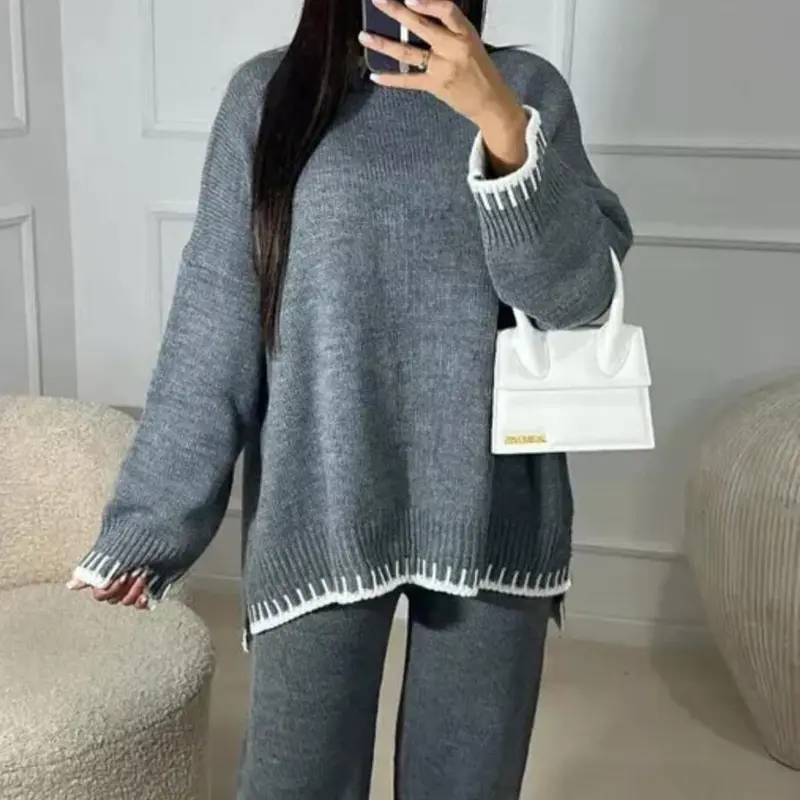 Women Knitted Stiched Wide Leg Co-ord Suit Loungewear Set 3