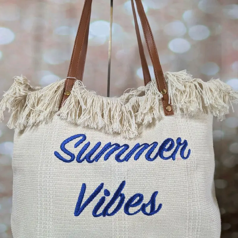 [HOE] Summer Vibes Boho TOTE BAGS BEACH BAG - Faux Leather HANDLES - Beach Laptop College Shopping Bag 4