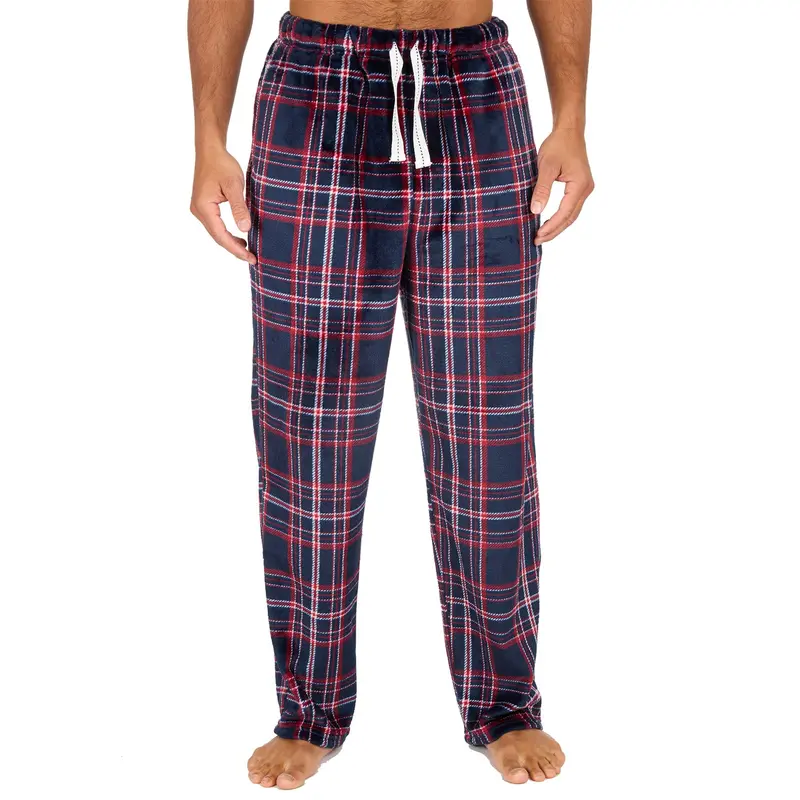 Mens Fleece Lounge Pants Pyjama Bottoms PJs Navy Check Size S-XXL 2