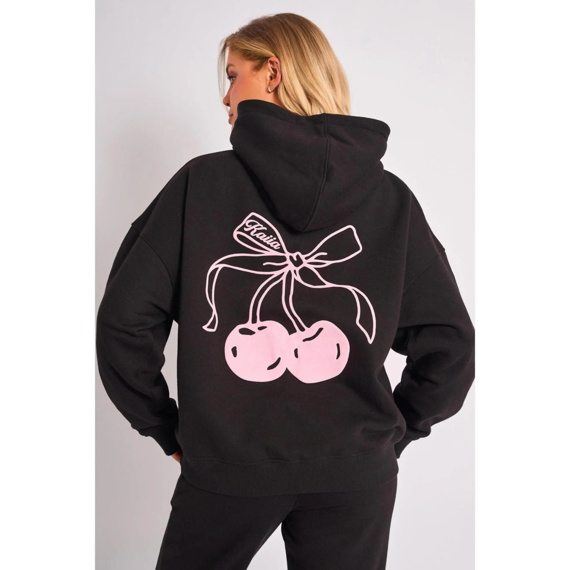 Kaiia Cherry Bow Graphic Oversized Hoodie Black & Pink