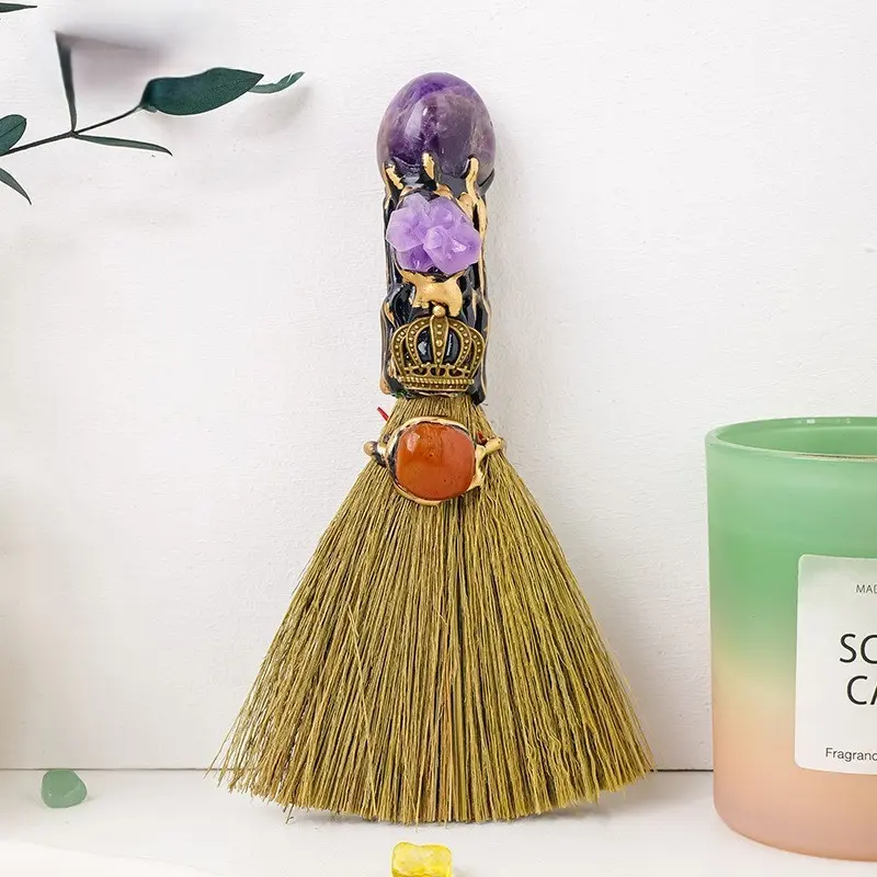 Witch Broom with Healing Crystals, Witch Broom, Magic Broom, Healing Crystals, Divination, Crystal Collection, Positive Energy, Energy Healing, Home decor, Broom Spirituality Gift Witchy Decor Cleansing Tool Amethyst Gemstones Gift Protection Altar 7
