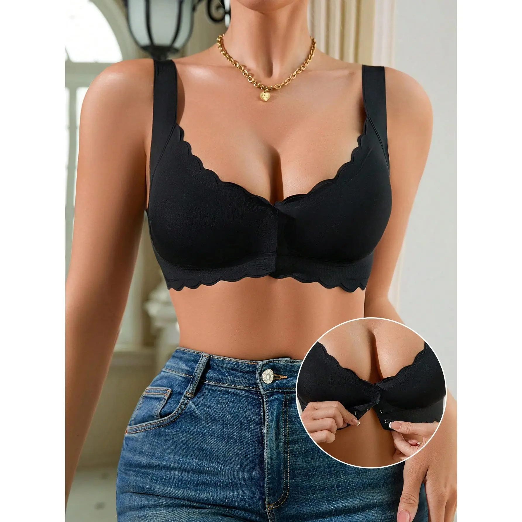 NudeFit 1pc Women's Wireless Low Cut Front Closure Racerback Bra With Removable Padded Cups Piece Womenswear Comfort Fabric Basic Bridal Minimalist