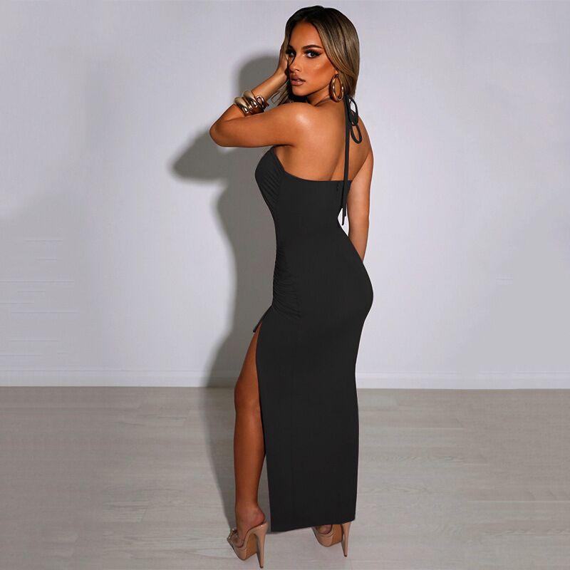 Product Introduction of 2025 hot selling style Women's plain Criss Cross Drawstring Ruched Split Thigh Bodycon Dress, Summer Dresses ,Backless Cut Out Halter Long Dress, Party Nightclub Clothes, Birthday Dress ,Sun Dresses ,Maxi Dress Fit  Stretchy 21
