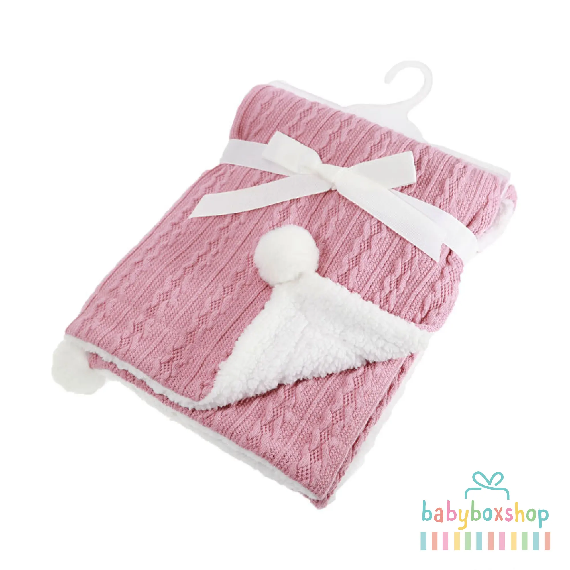 Baby Blanket Wrap - Cable Knit Wrap with Sherpa Back and PomPoms. Thick, Cosy Soft Blanket for Newborn Baby Girl, Boy or Toddler, Personalisation Upgrade Available