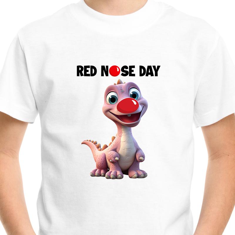 Red Nose Dinosaur T-shirt Dino School Children Kids Boys Girls Unisex Tee Top tshirt White Printed Regular 2