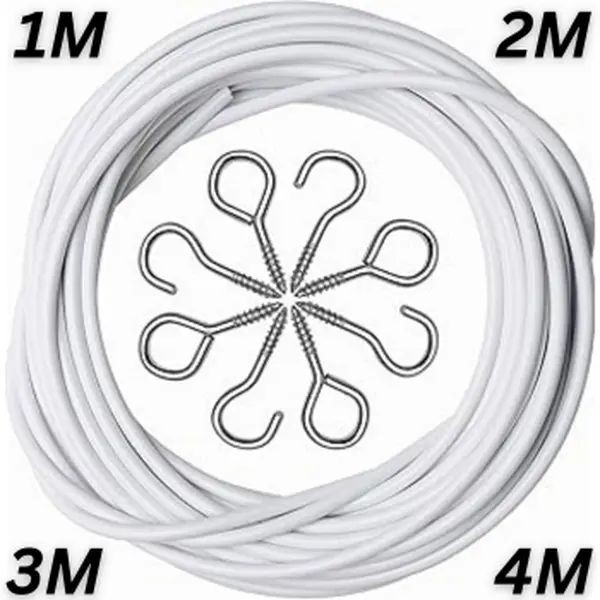 "Durable White Curtain Wire with Hooks & Eyes – Strong & Flexible Hanging Solution for Net Curtains, Voiles & Light Drapes – Easy to Cut & Install!"