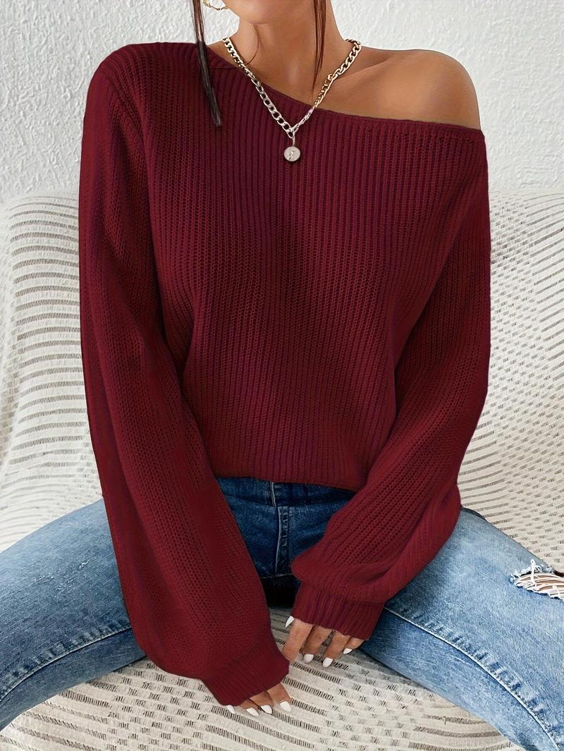 Product Introduction of 1pc Elegant Asymmetrical Neck Acrylic Knit Sweater for Women - Solid Color Off-Shoulder Pullover for Spring/Fall Knitwear Womenswear 11