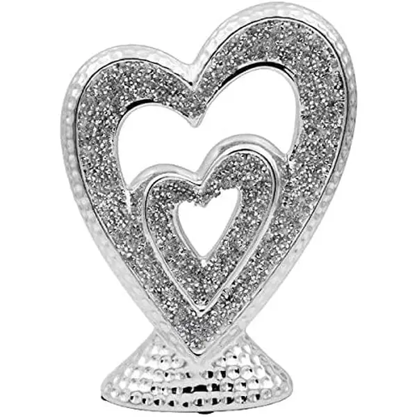 DEENZ Crushed Diamond Crystal Sculpture Silver Sparkle Double Heart Ornament 17X6X23 Cm