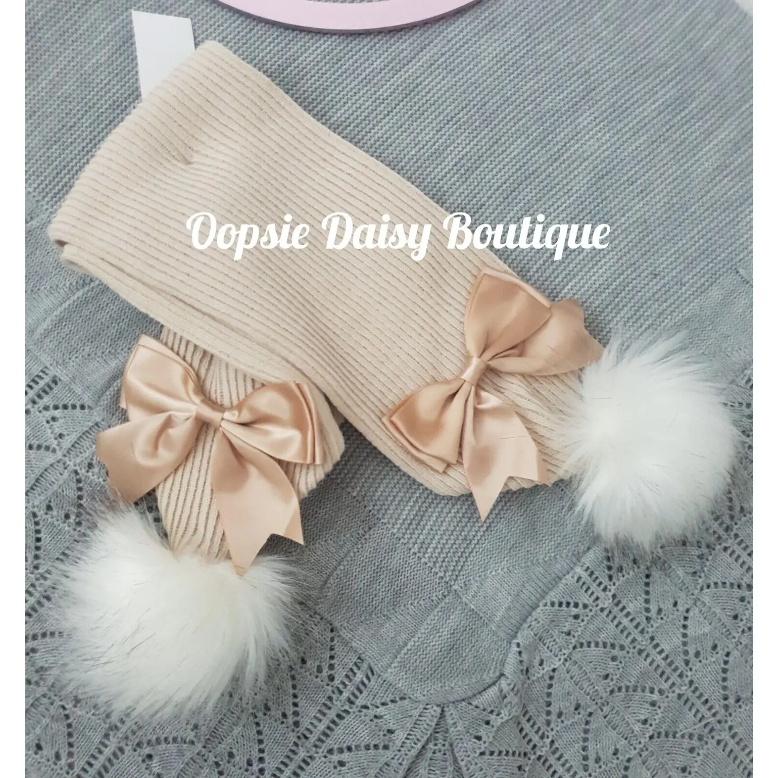 Baby Knitted Pom Pom Scarfs with Ribbon 0-6 yrs