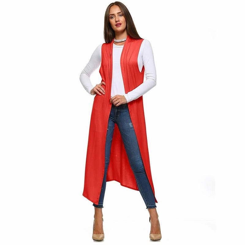 Womens Ladies Sleeveless Maxi Long Length Boyfriend Cardigan Collared Top Long Duster Jacket Coat Ladies Blazer Waistcoat Casual Light Womenswear Garment Party Soft Stretchy 7
