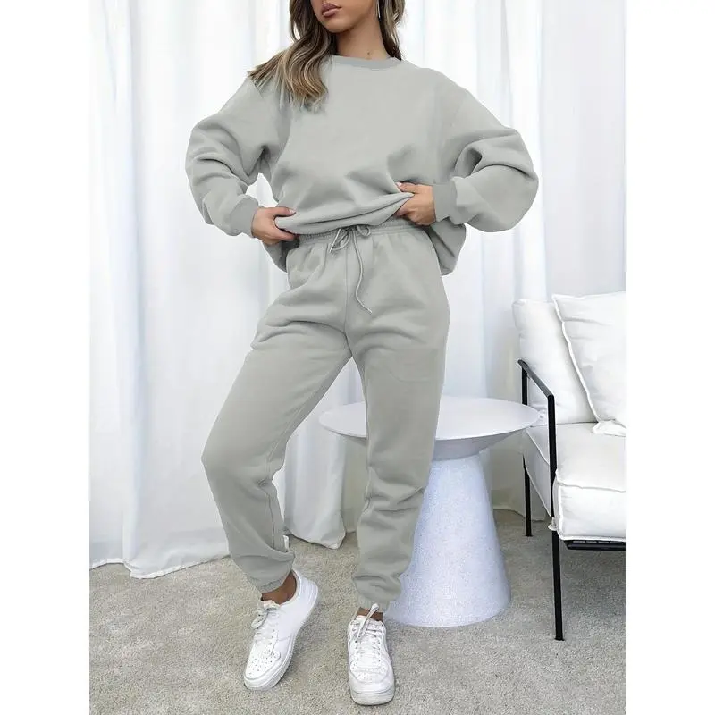Two-Piece Solid Color Crew Neck Long Sleeve Top and Drawstring Jogger Pants Set - Soft Micro Elasticity Polyester Fabric, Pocket Details, Casual Wear for All Seasons 0