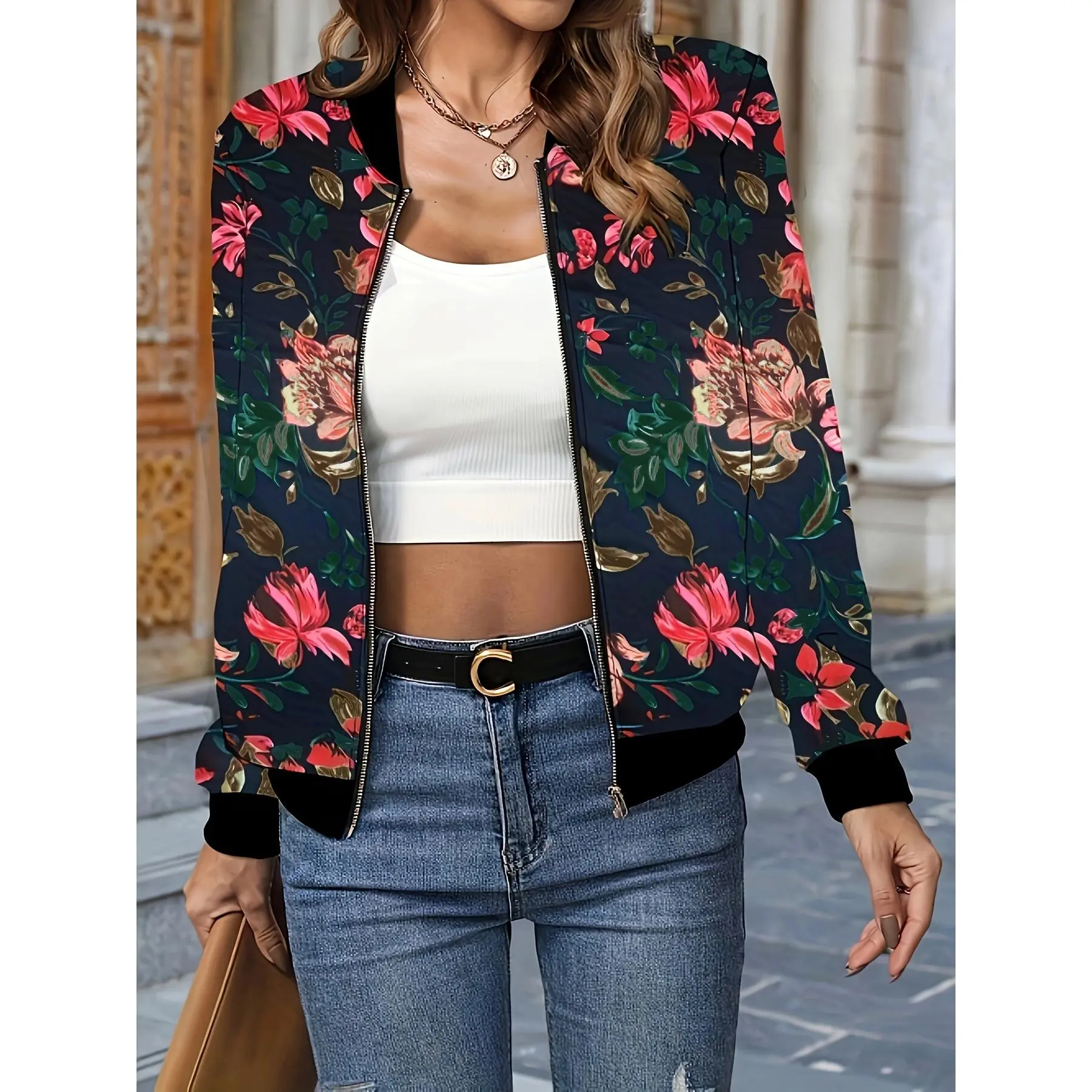Floral Print Zipper Front Jackets, Elegant Baseball Collar Long Sleeve Coat For Spring & Fall, Women's Clothing