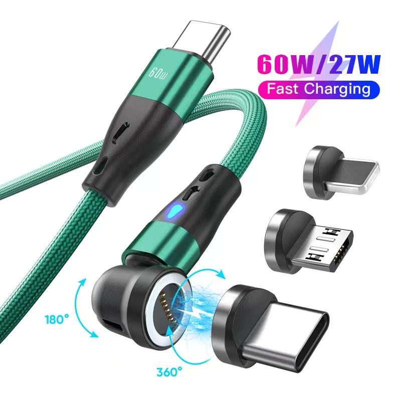 Magnetic Charging Cable 3 in 1 Magnet USB Cable 360 ° + 180 ° Rotating Charging Cable 3A Fast, 1M or 2M Nylon Braided Magnetic Cable Compatible with Micro USB,Type C/USB C,I-Phone, for phone, Tablets, and more, 3A USB C to USB C fast charging cable. 4