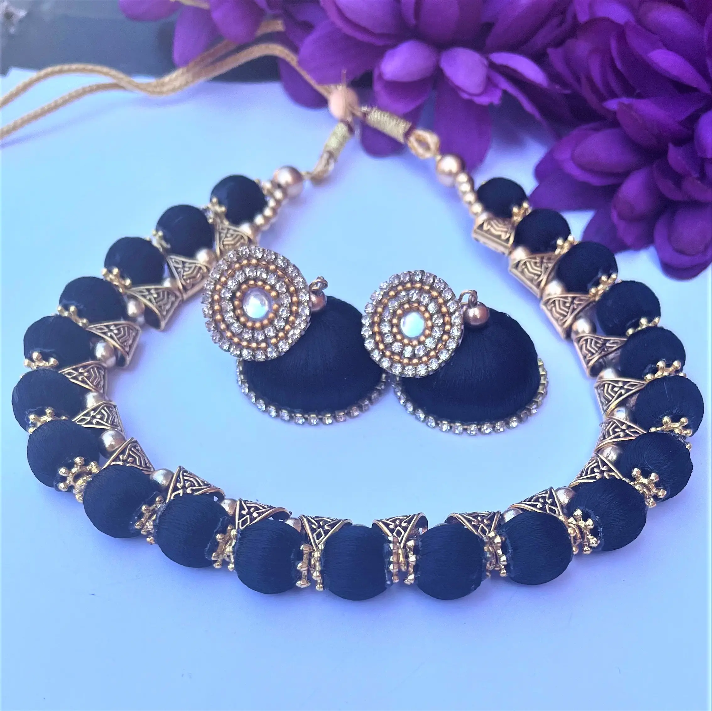 Designer Silk Thread Black Choker Necklace with Jhumka Drop Earrings Jewelry