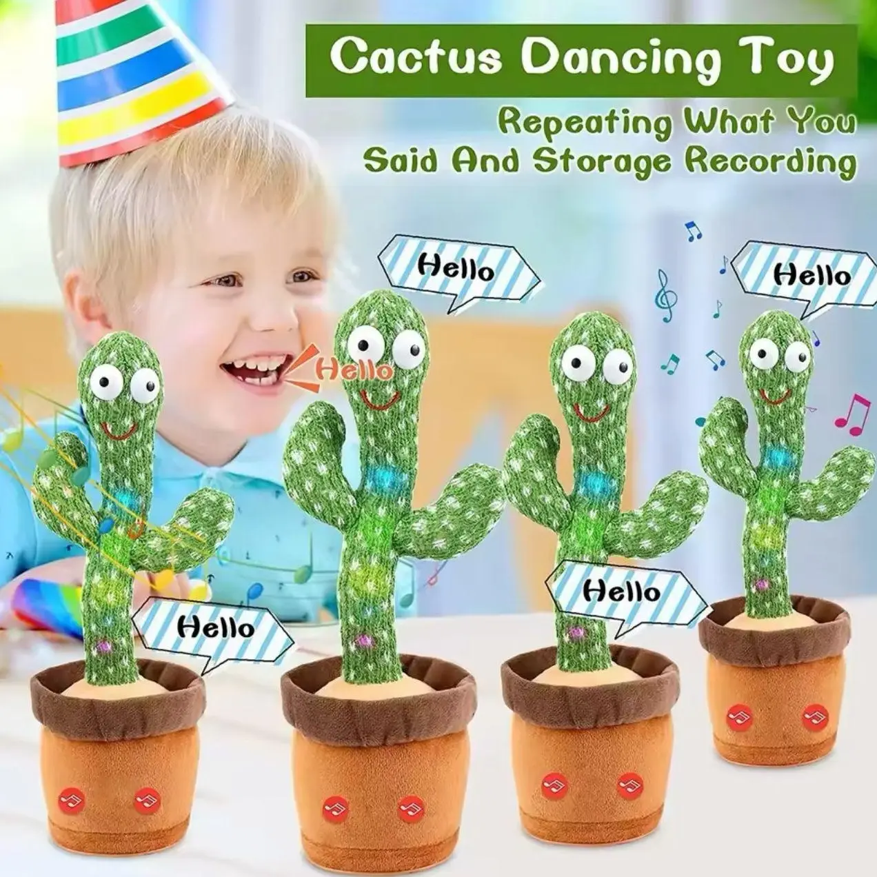 DANCING AND SINGING TWISTING CACTUS TOYS, Repeat Talking, Rechargeable, Electronic Light, Early learning for baby bug