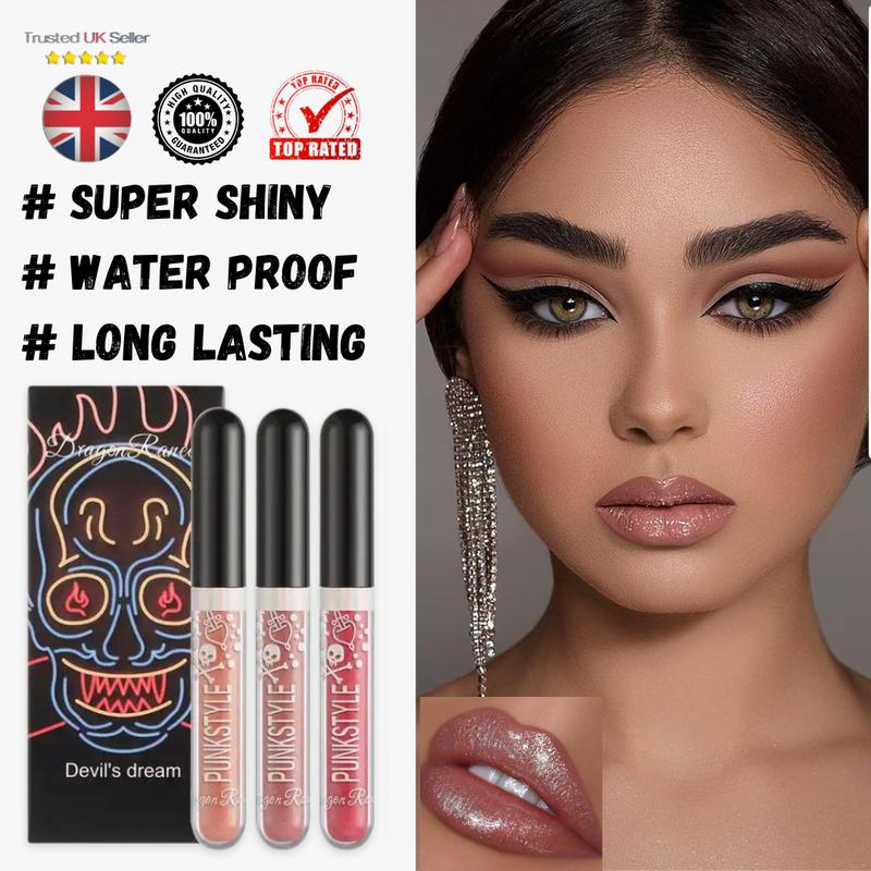 Devil's Dream Shiny Waterproof Glitter Liquid Lipstick Set - Long-Lasting Lip Tint and Gloss - Color, Makeup 3