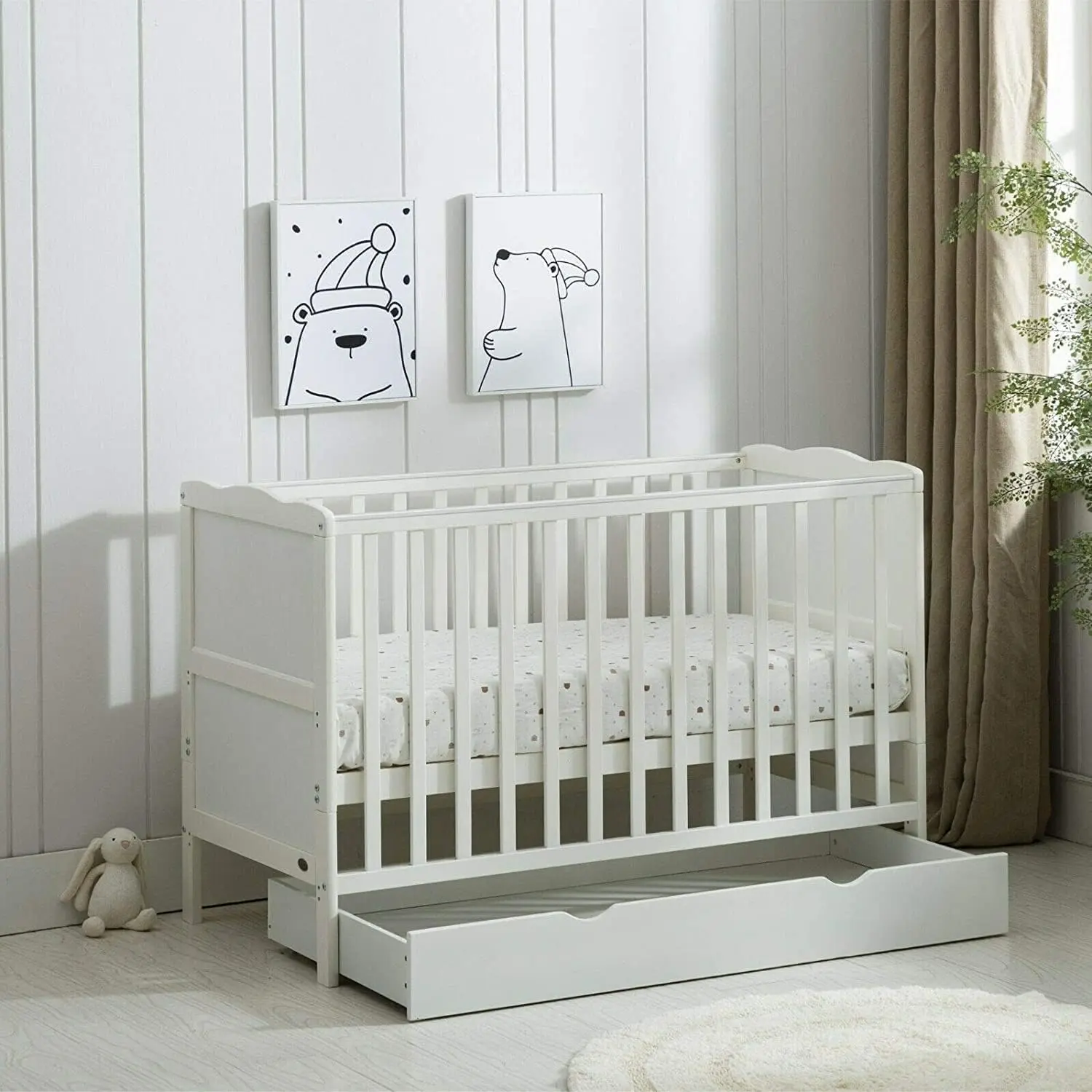 MCC Grey Wooden Baby Cot Bed & Rollaway Drawer & Aloe Vera Water Repellent Mattress (Orlando Drawer Grey/Orlando Drawer White)