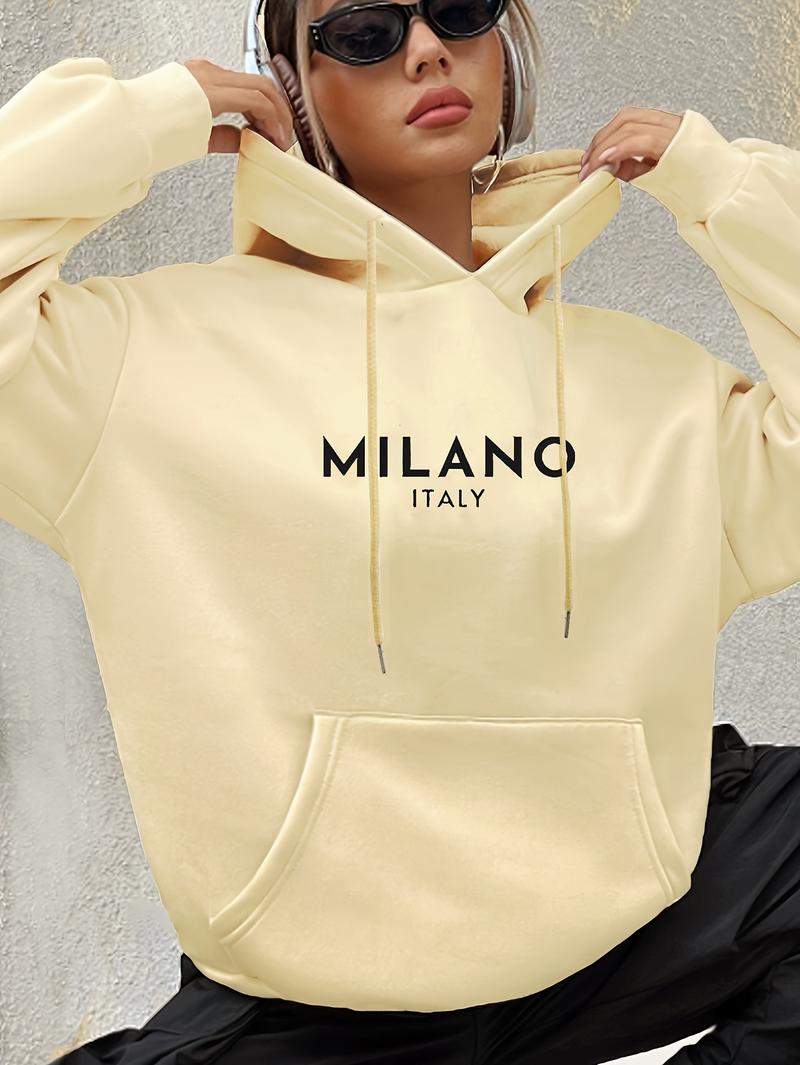 Product Introduction of Milano Print Kangaroo Pocket Hoodie, Casual Long Sleeve Drawstring Hoodies Sweatshirt, Women's Clothing 7