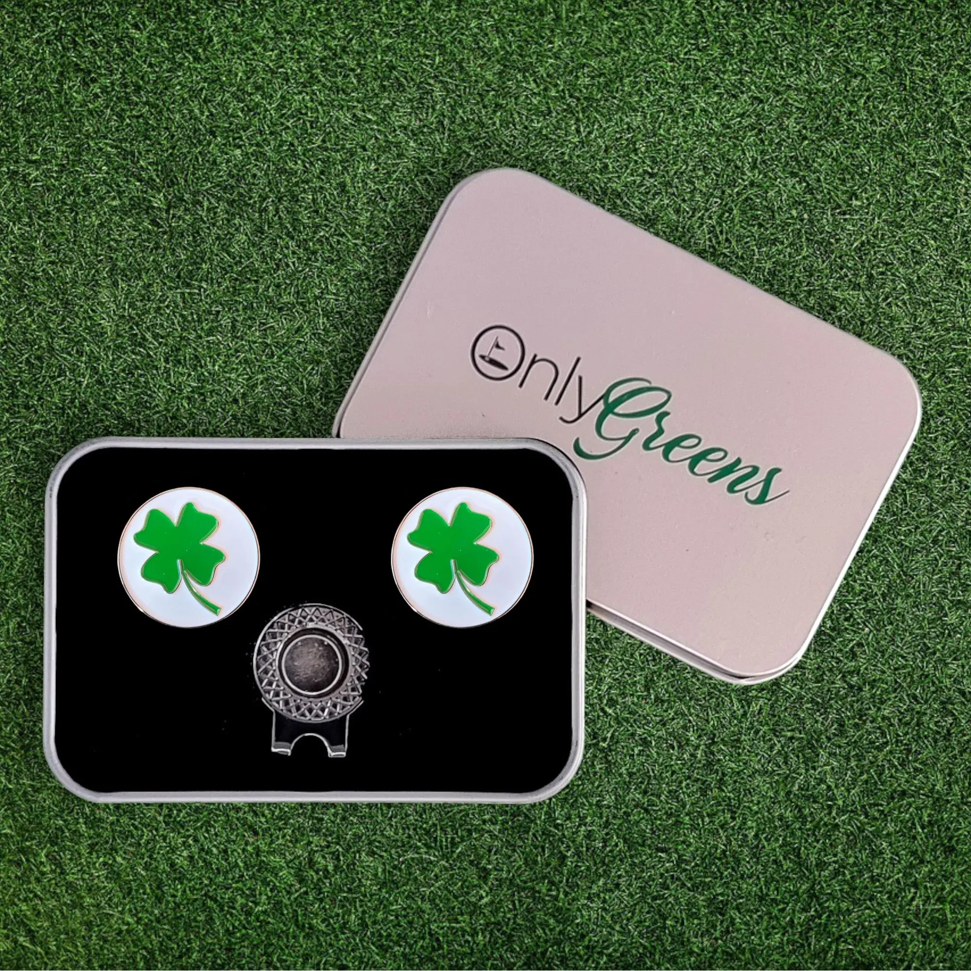 Golf Ball Marker & Hat Clip Set - Lucky Four-Leaf Clover | In Gift Tin
