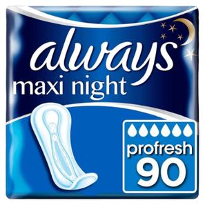 Always Maxi Profresh Night Sanitary Towels – 90 Towels (9 x 10 Packs) – Super Absorbent Core, Odour Neutraliser, Night Protection Comfort Gentle Moisture Storage