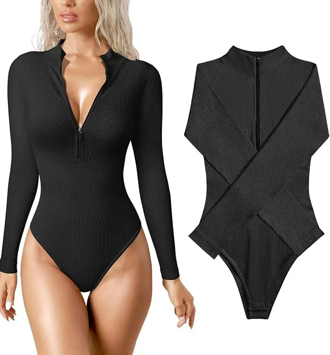 Women's Bodysuits Sexy Ribbed One Piece Zip Front Long Sleeve Tops Bodysuits Womenswear Lady Vneck 6