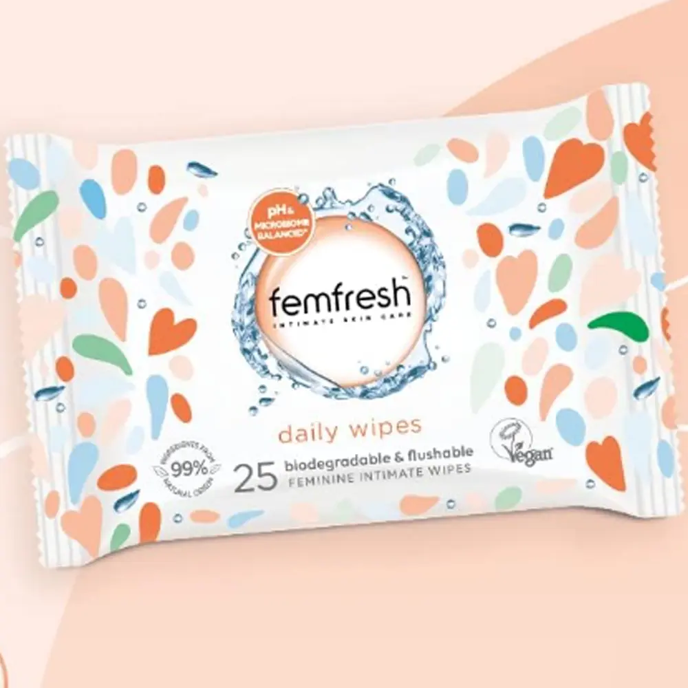 Femfresh Intimate Wipes - Flushable & Biodegradable Disposable Feminine Hygiene Cloths w. Calendula & Aloe Vera Extracts - Soothing, pH Balanced, Hypoallergenic, 25 Count (Pack of 1)
