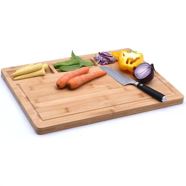 Masters & Burrell Premium Wooden Chopping Board Large 43 x 32.5 x 2 cm Organic Bamboo Cutting Board for Vegetables Bread Fruits Chopping Boards for Kitchens Juice Grooves Built-in 3 Compartments Knives Metal chopping  boards Stylish  Handy