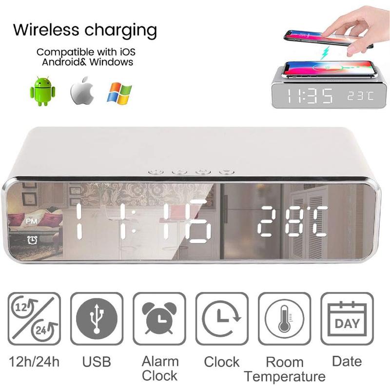 Digital Alarm Clock with Wireless Phone Charger 2 in 1 Bedside Alarm Clock Wireless Charger with Temperature Super Fast USB Rechargeable Non Ticking Mains Powered Charging Smartphone Electronic Cellphone Mobile Christmas Gift wireless charging station 2