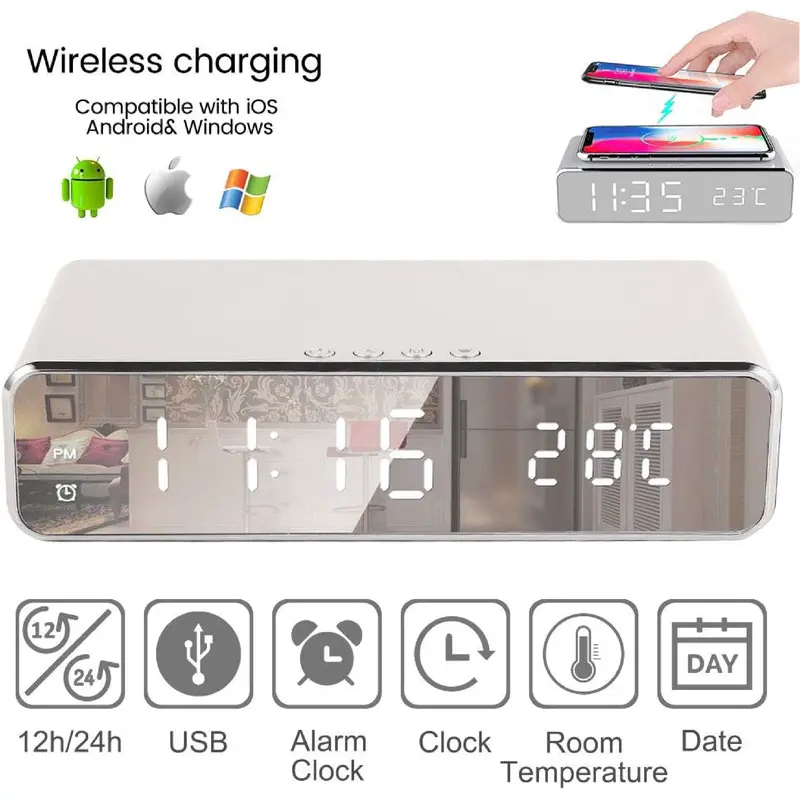 Digital Alarm Clock with Wireless Phone Charger 2 in 1 Bedside Alarm Clock Wireless Charger with Temperature Super Fast USB Rechargeable Non Ticking Mains Powered Charging Smartphone Electronic Cellphone Mobile Christmas Gift wireless charging station 1