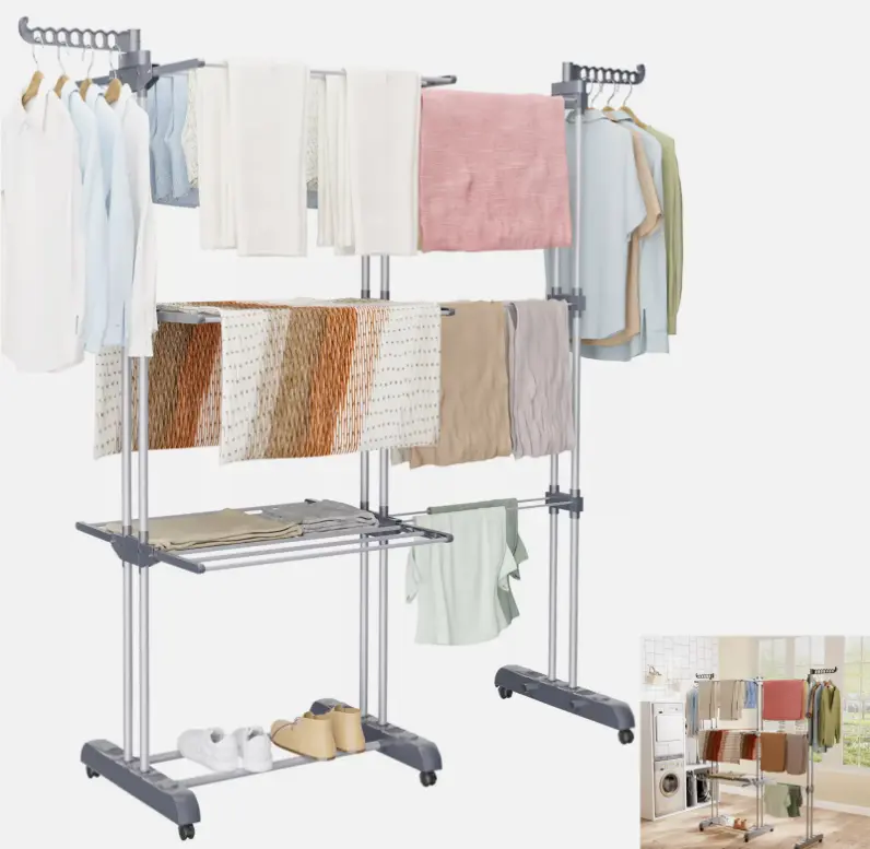 Airer Clothes Drying Rack,4-Tier Foldable Clothes Hanger Adjustable Large Rack Laundry Hangable   Stainless Steel, Rolling Clothes Horses Dryer Rack, Easy to Assemble, Indoor Outdoor Use