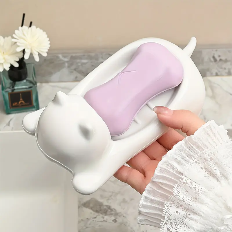 1pc Cat-Shaped Plastic Soap Dish, Oval Tabletop Decor Soap Drain Holder for Bathroom Sink, Multipurpose Soap Storage Rack, Ideal Gift for Soap Storage 5