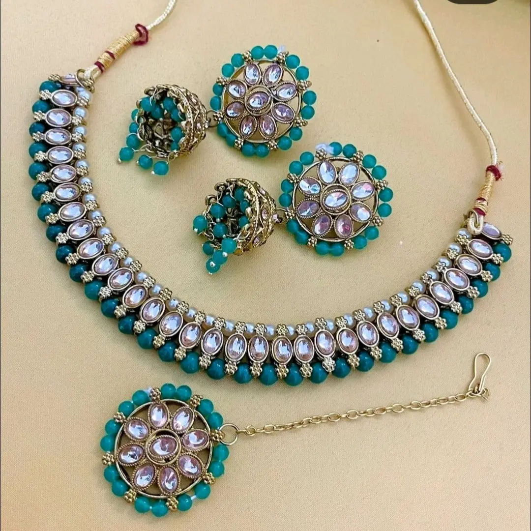 indian/Pakistani  Asian Neckline Choker Set with Jhumka Earring Tikka for Women