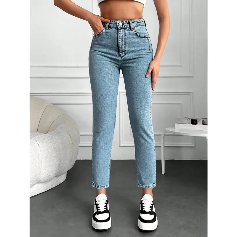 PETITE Women High-Waisted Pocketed Straight-Leg Casual Cropped Jeans Cotton Fit Womenswear Bottom 2