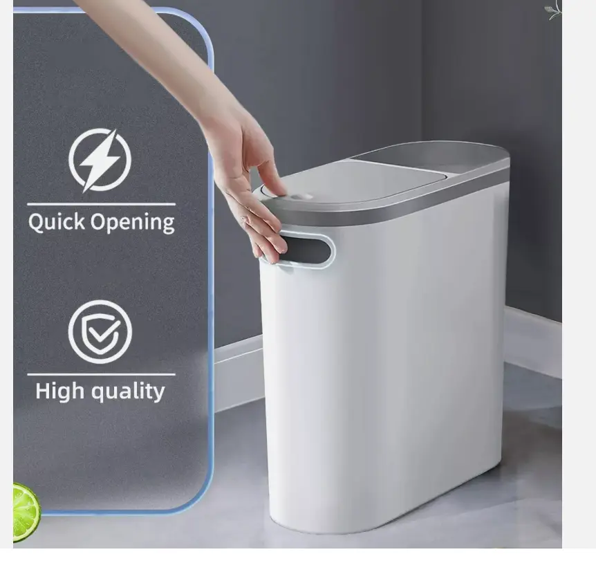 Slim Trash Can with Press Top Lid Bathroom Garbage Can Waste Bin Slim Trash Bin wall hung Kitchen Bucket dustbin bins White