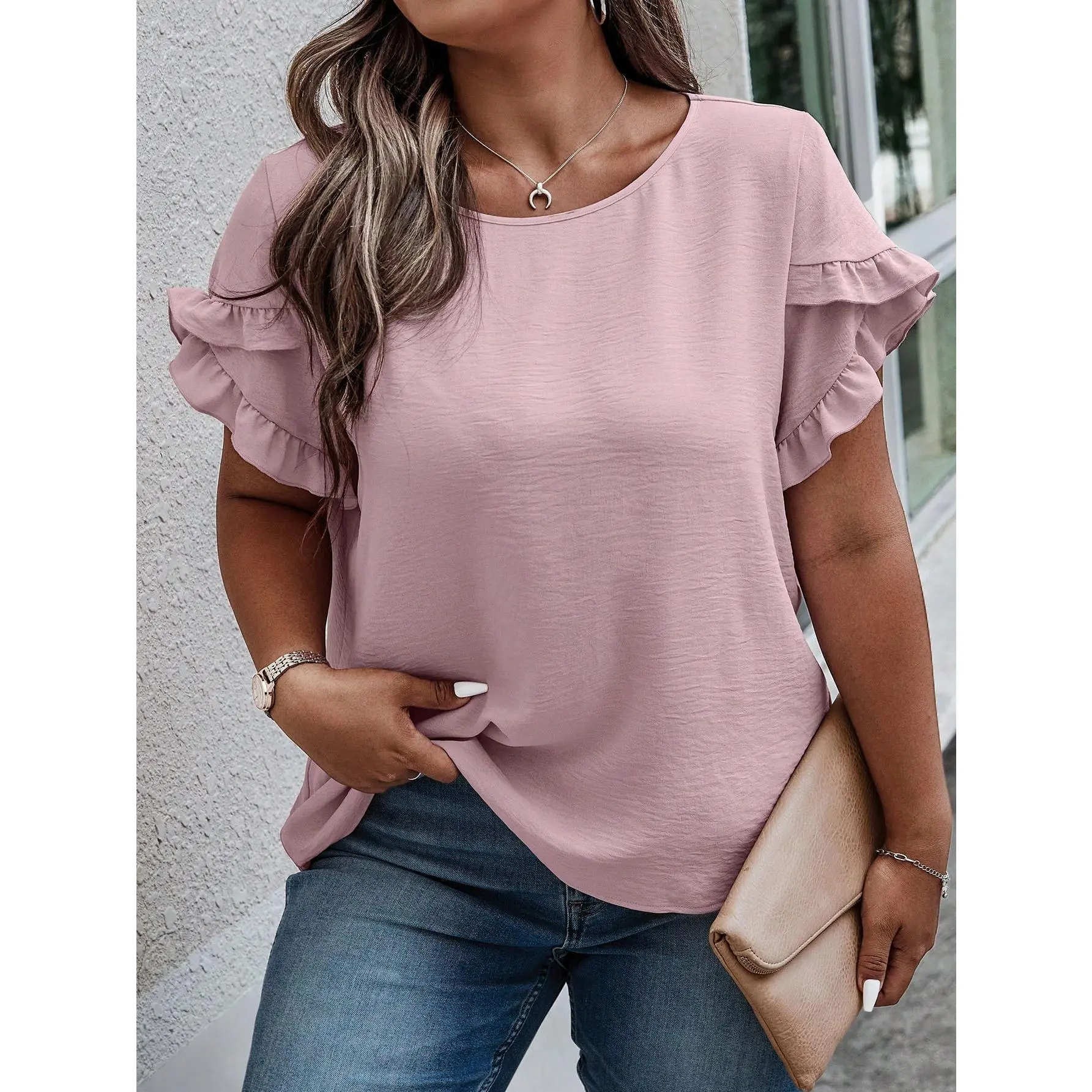 LUNE Plus Ruffle Trim Petal Sleeve Blouse Fabric Fit