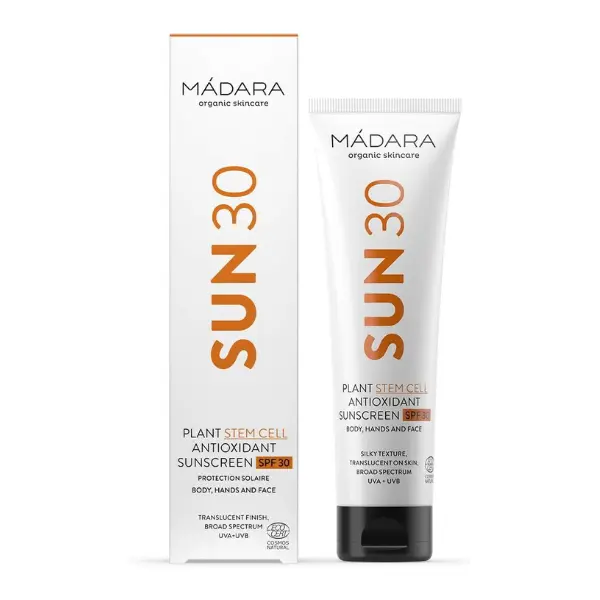 MÁDARA Organic Skincare | Mineral Sunscreen SPF30 – 100ml, Zinc Oxide Suncream, Plant Stem Cell Antioxidant Body Sunscreen, Broad Spectrum UVA/UVB Protection, Antioxidant-Rich, Translucent Finish