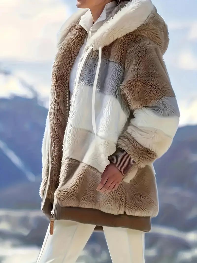 Product Introduction of Women's Color Block Fuzzy Coat - Casual Hooded Zip-Up Long Sleeve Outerwear with Adjustable Drawstring, Warm and Stylish Womenswear Jacket for Daily, Outdoor, or Travel Wear Tops 4