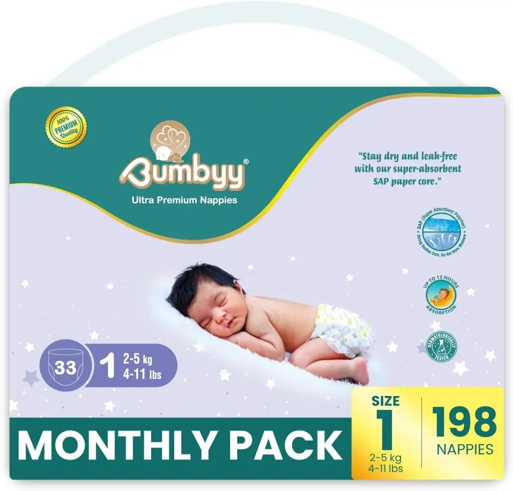 Bumbyy Premium Newborn Nappies Size 1 (2-5kg/4-11lbs) - 198 Count Savings Pack - Chemicals Free and Dermatologically Tested Baby Nappies, Hypoallergenic Soft & Thin Diapers for Most Sensitive Skin