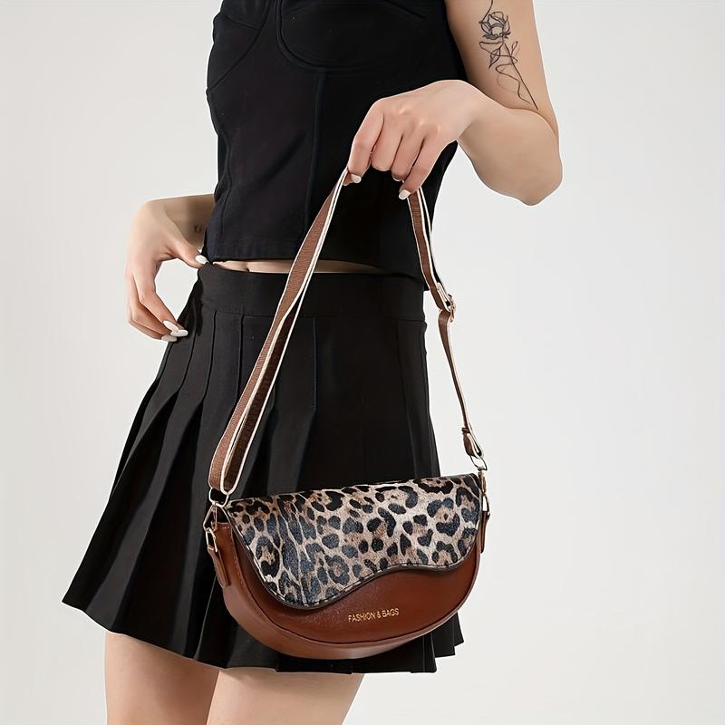 Product Introduction of holiday outfits 2025 spring 2025 outfits Vintage Style Crossbody Bag with Leopard Print Flap, Magnetic Closure, Synthetic Synthetic Leather, Dark Brown & Black, Perfect for Outdoor Streetwear and Holiday Gifts, Small Crossbody Bag 1